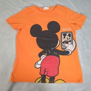 Disney Shirt Womens Large‎ Orange Mickey Mouse Selfie Graphic Short Sleeve